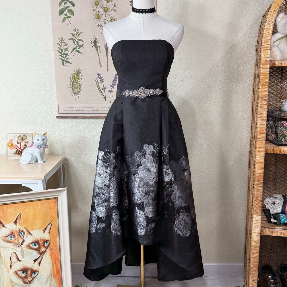 90s Y2k Beaded Floral Strapless Formal Dress Coquette Romantic Dark Fairy Glam S